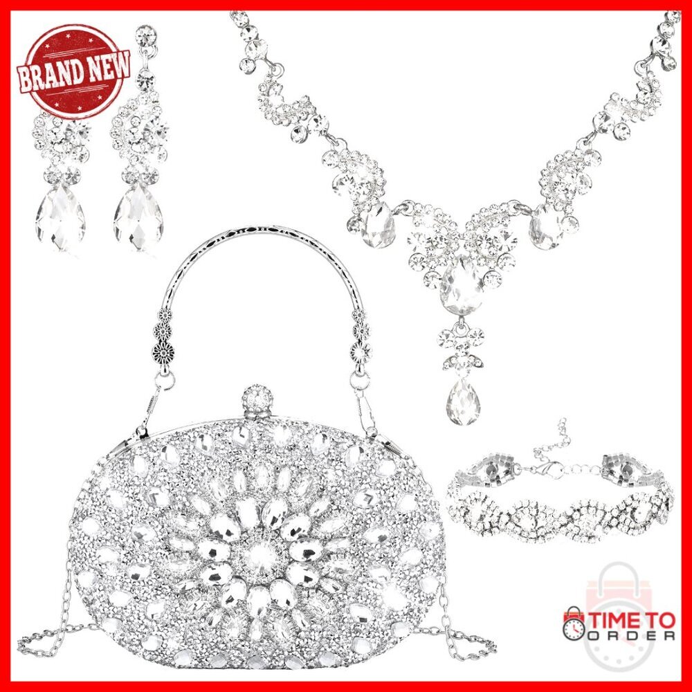 Rhinestone Bridal Jewelry Set Elegant Formal Evening Party Wear Clutch Bag